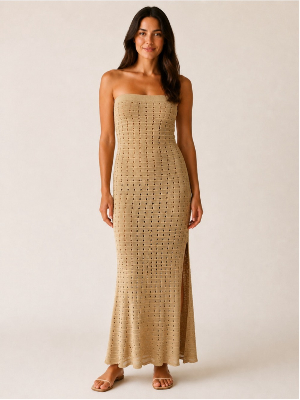 FORE Women’s Size L Beige Crochet Knit Strapless Maxi Dress Side Slit Boho